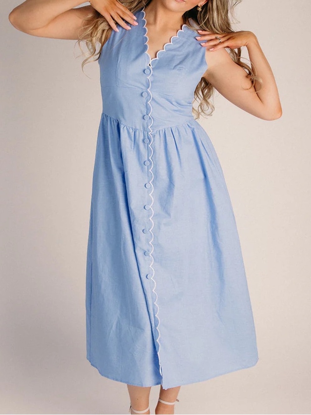 NWT Sunday Edition Blue Linen Blend Scallop Trim Midi Dress Small